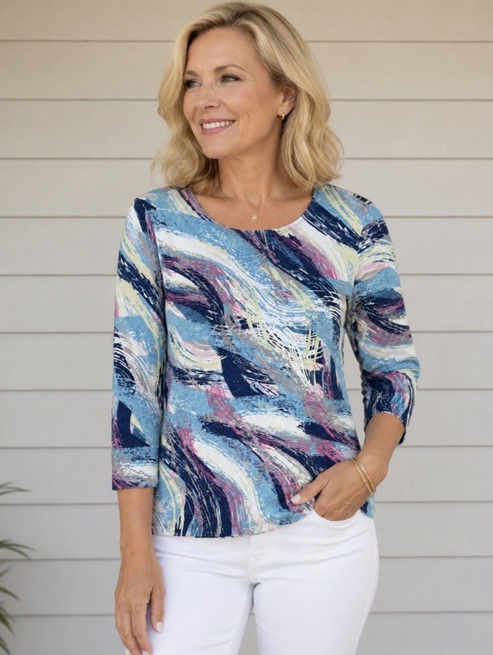 JM Collection Petites Geometric Top Size M Blue Pink 3/4 Cottage Preppy Coastal